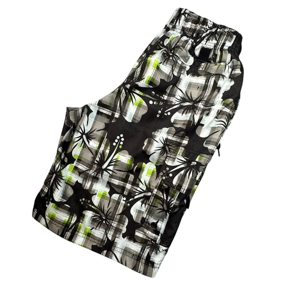 O'Rageous Board Shorts Swim Trunks Hibiscus Plaid Cargo Y2K